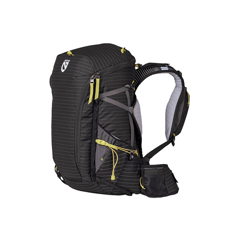 Close view of a black Nemo Persist women's pack showing DryWing back panel and hip belt