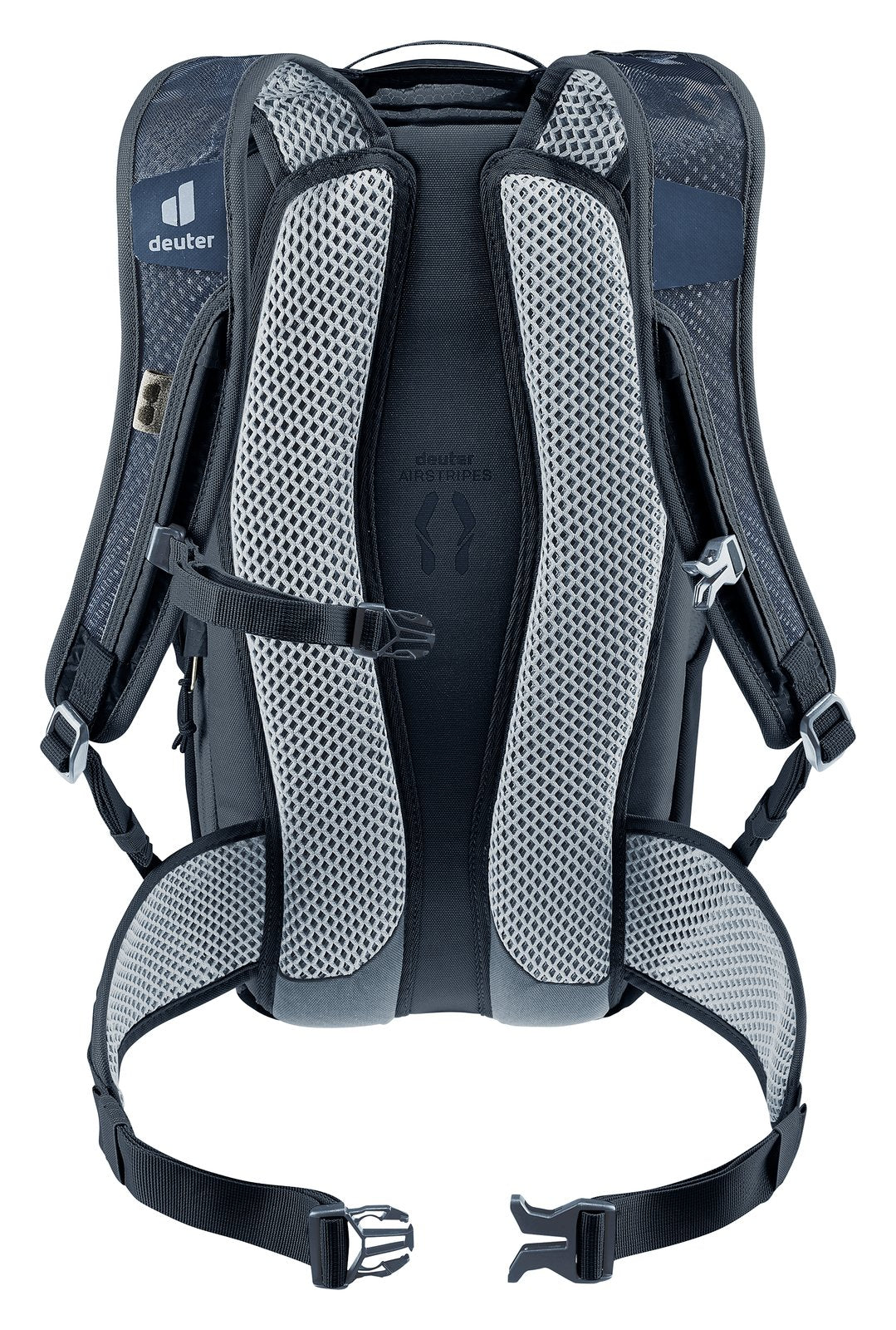 Back of the Deuter Race 12 showing the Airstripes mesh pads and mesh hip fins