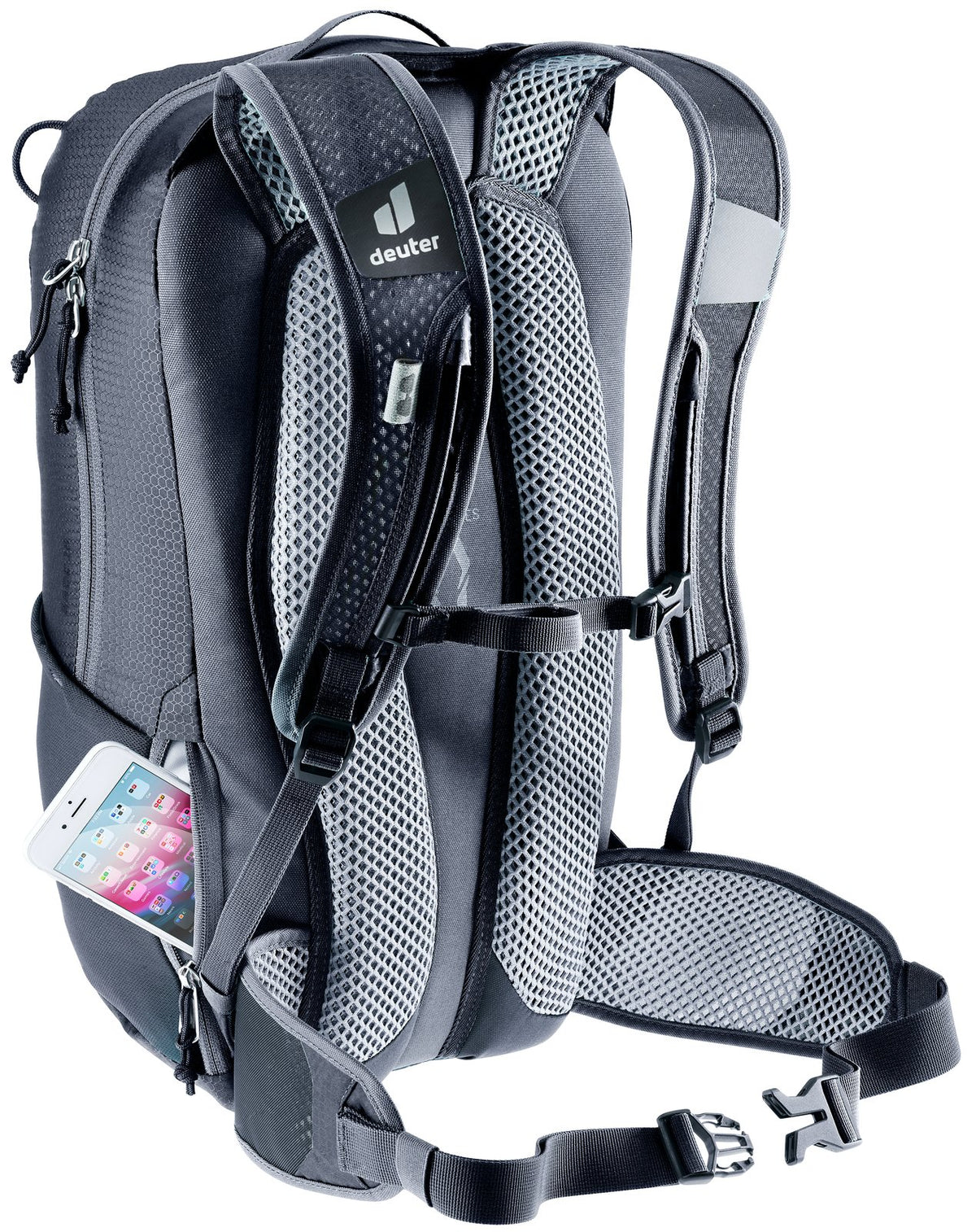 Deuter Race 16 with a smartphone in the side phone pocket