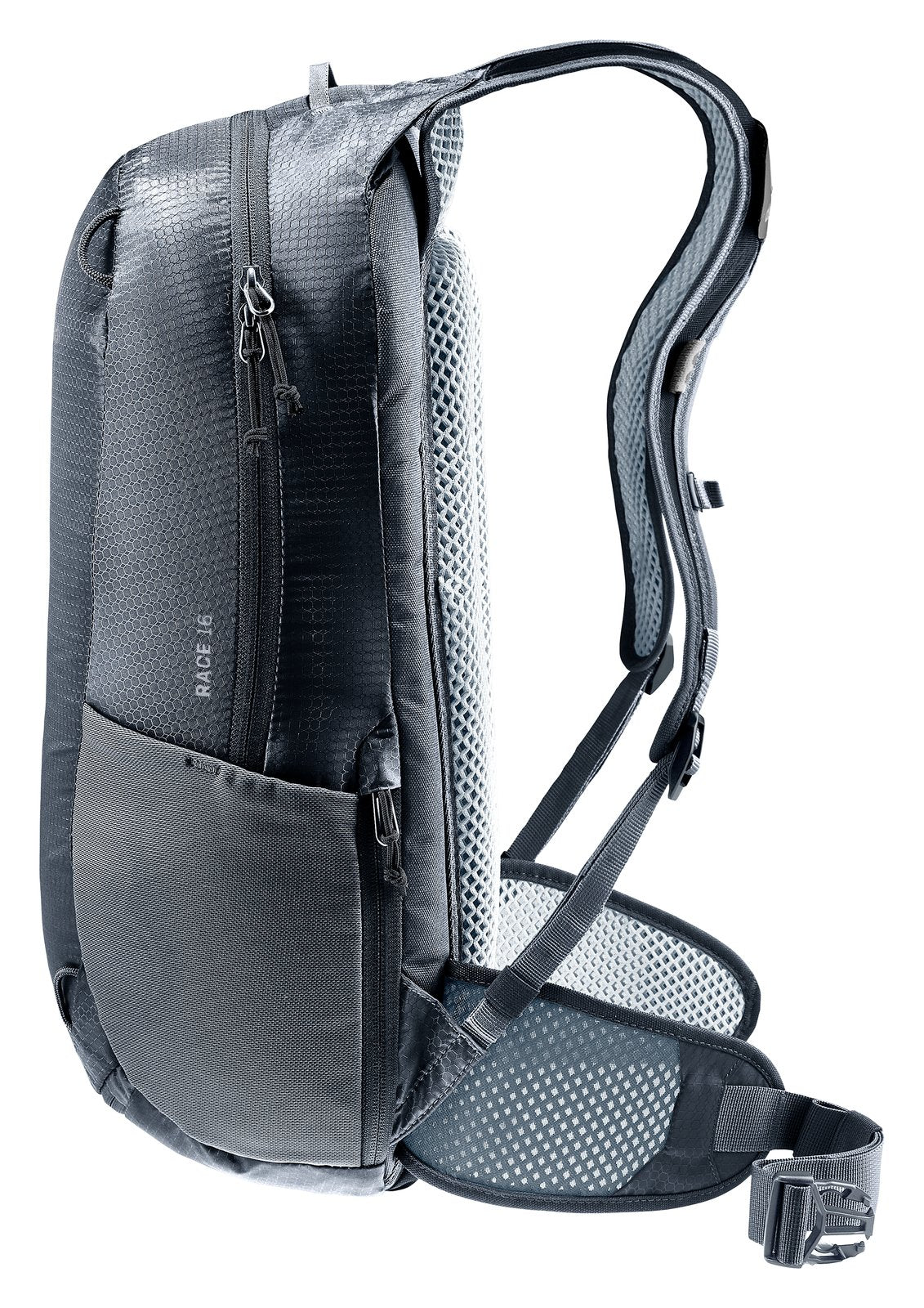 Deuter Race 16 side view showing the slim profile and hip fin
