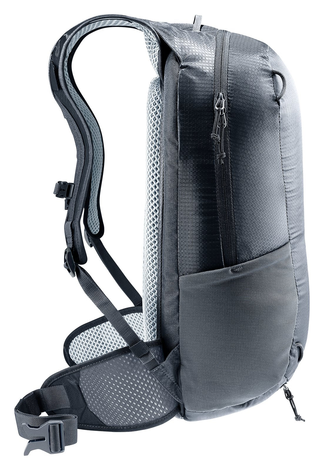 Deuter Race 16 in Black, side profile with stretch side pocket