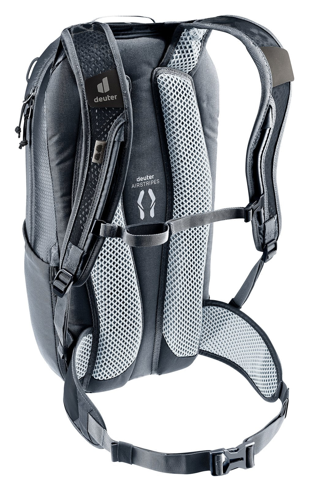 Deuter Race 16 rear three-quarter view of the mesh shoulder straps and sternum strap