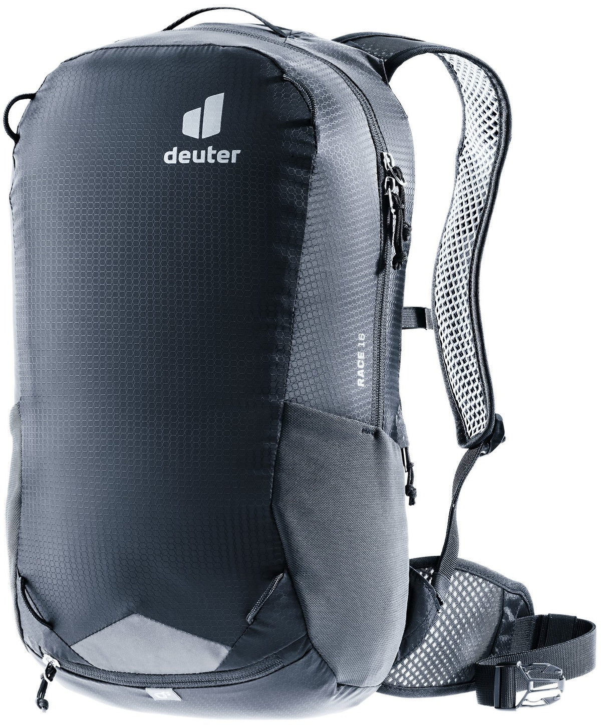 Deuter Race 16 cycling backpack in Black, front three-quarter view with reflective patch