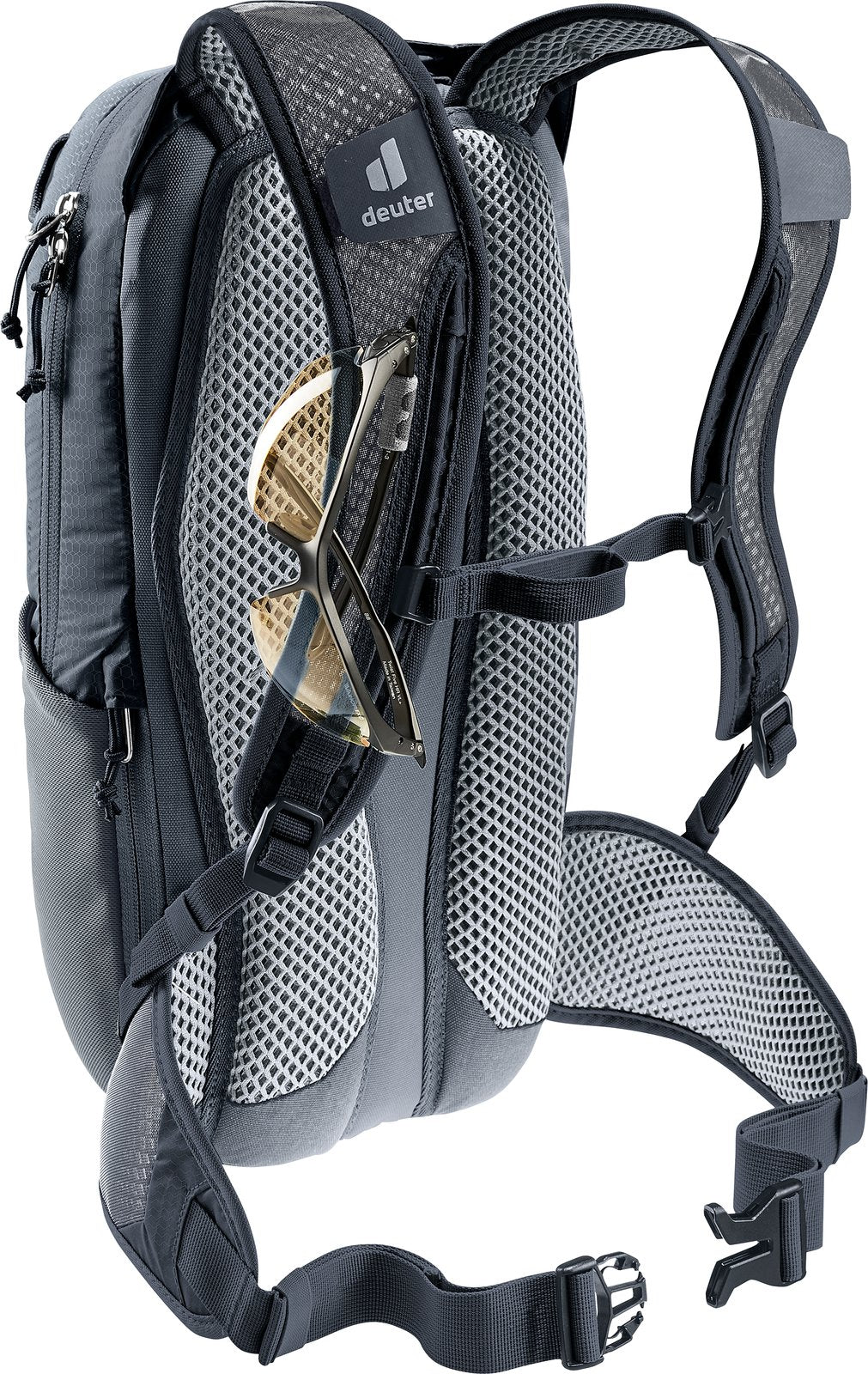 Deuter Race 8 with sunglasses held in the glasses stow on the shoulder strap
