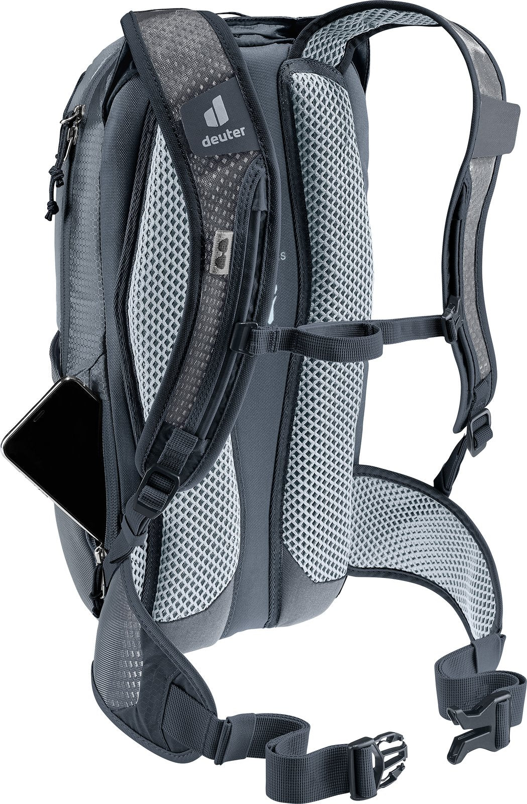 Deuter Race 8 with a smartphone in the side phone pocket