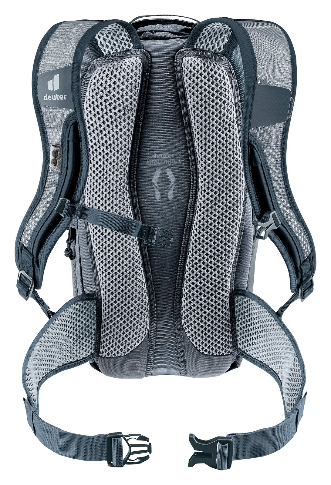 Back of the Deuter Race 8 showing the Airstripes padding strips and mesh hip fins