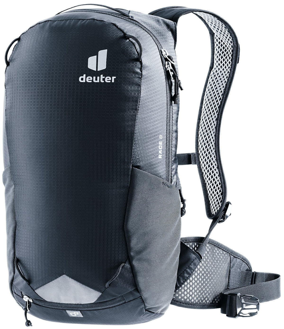 Deuter Race 8 bike backpack in Black, front three-quarter view with reflective patch