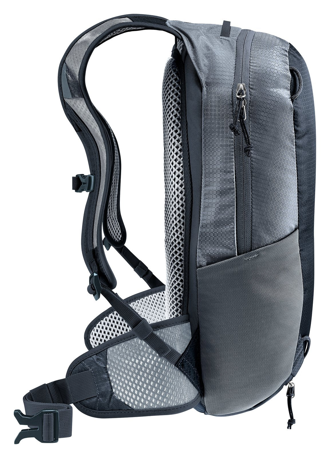 Side profile of the Deuter Race 8 showing its slim shape and stretch side pocket
