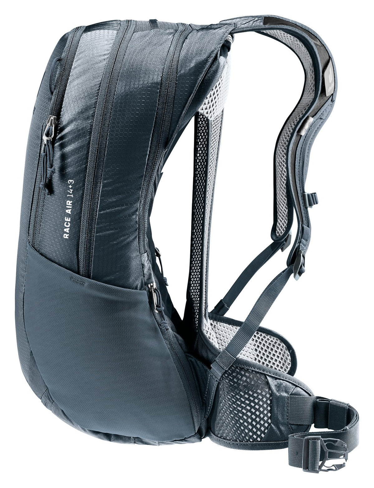 Deuter Race Air 14+3 side view with the arched frame and Race Air 14+3 logo