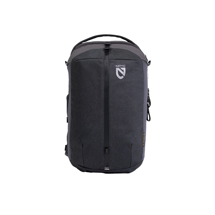 Nemo Vantage backpack in Black with grey top panel and side straps, front view