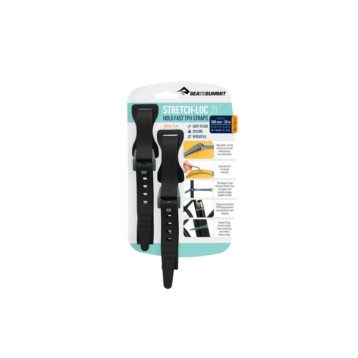 Stretch-Loc 20 two-pack of black straps on its retail card