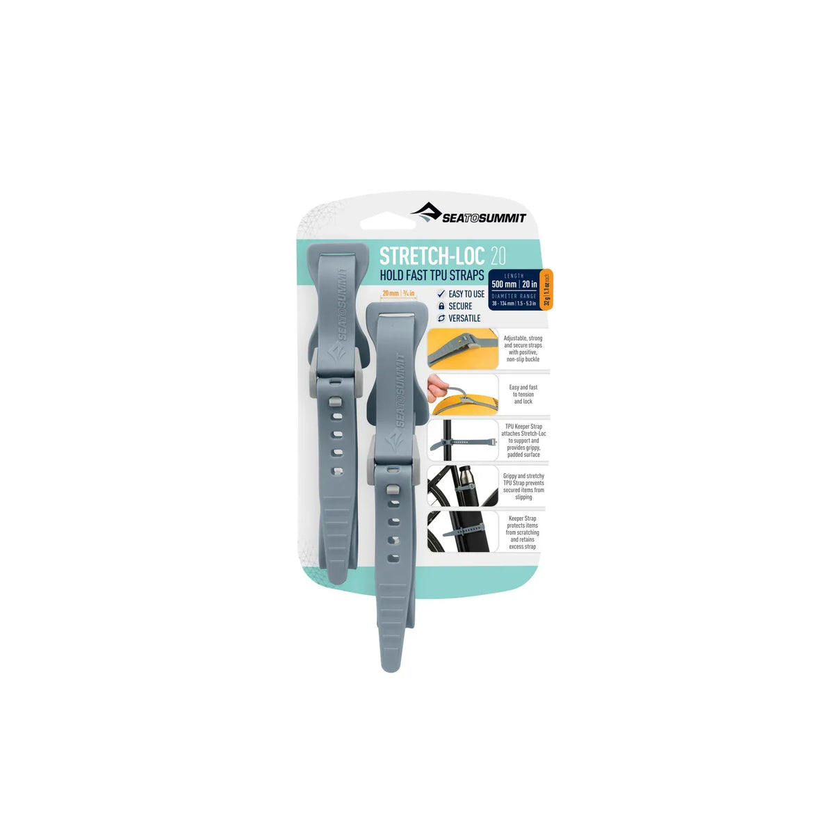 Stretch-Loc 20 two-pack of Dusk grey straps on its retail card