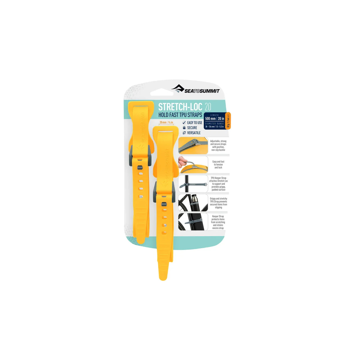 Stretch-Loc 20 two-pack of yellow straps on its retail card