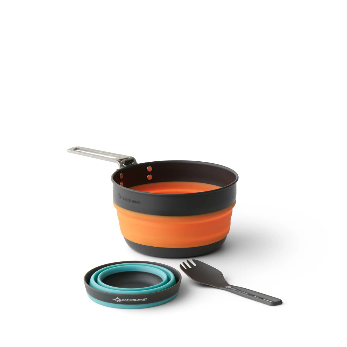 Sea to Summit Frontier UL 1 L collapsible pot in orange and grey with folded blue cup and short spork