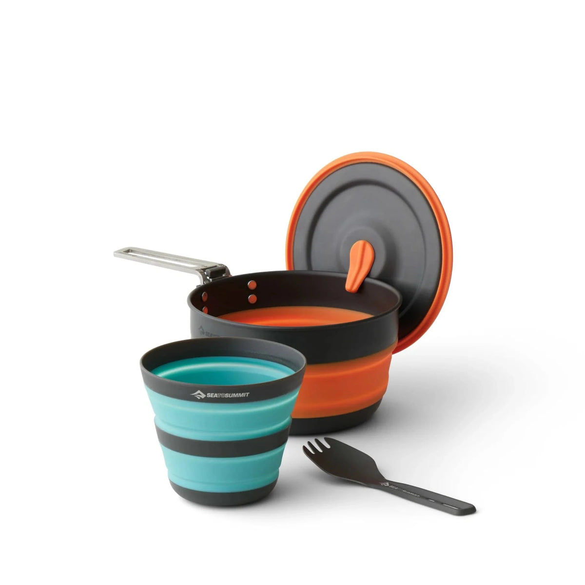 Frontier UL One Pot Cook Set expanded: 1 L pot with lid, blue collapsible cup and short spork