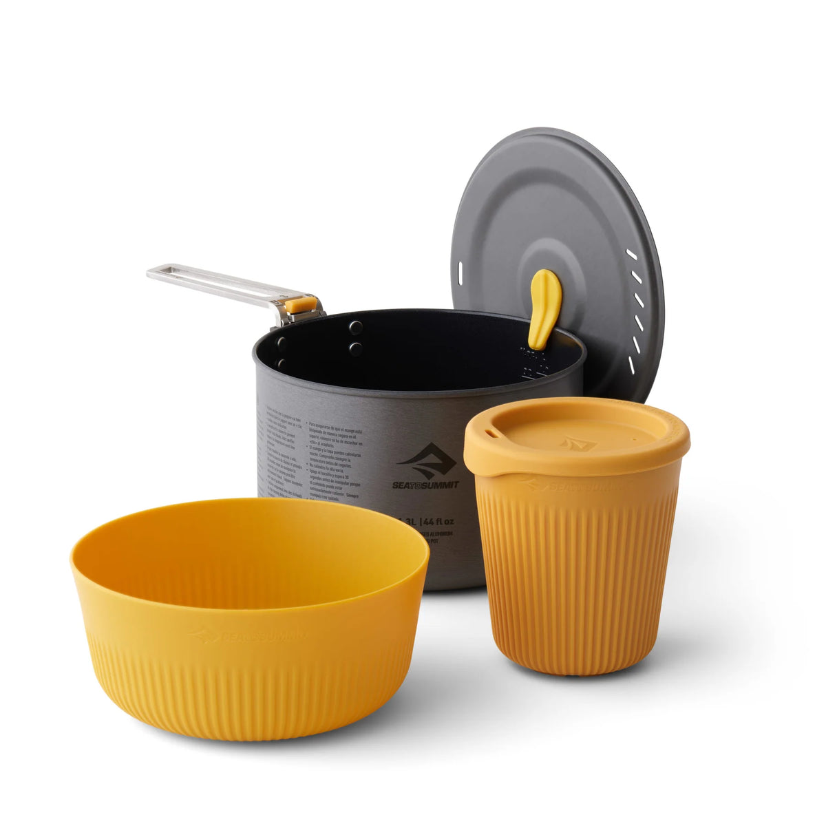 Sea to Summit Frontier UL One Pot Cook Set: 1.3 L pot with strainer lid open, yellow Passage bowl and cup