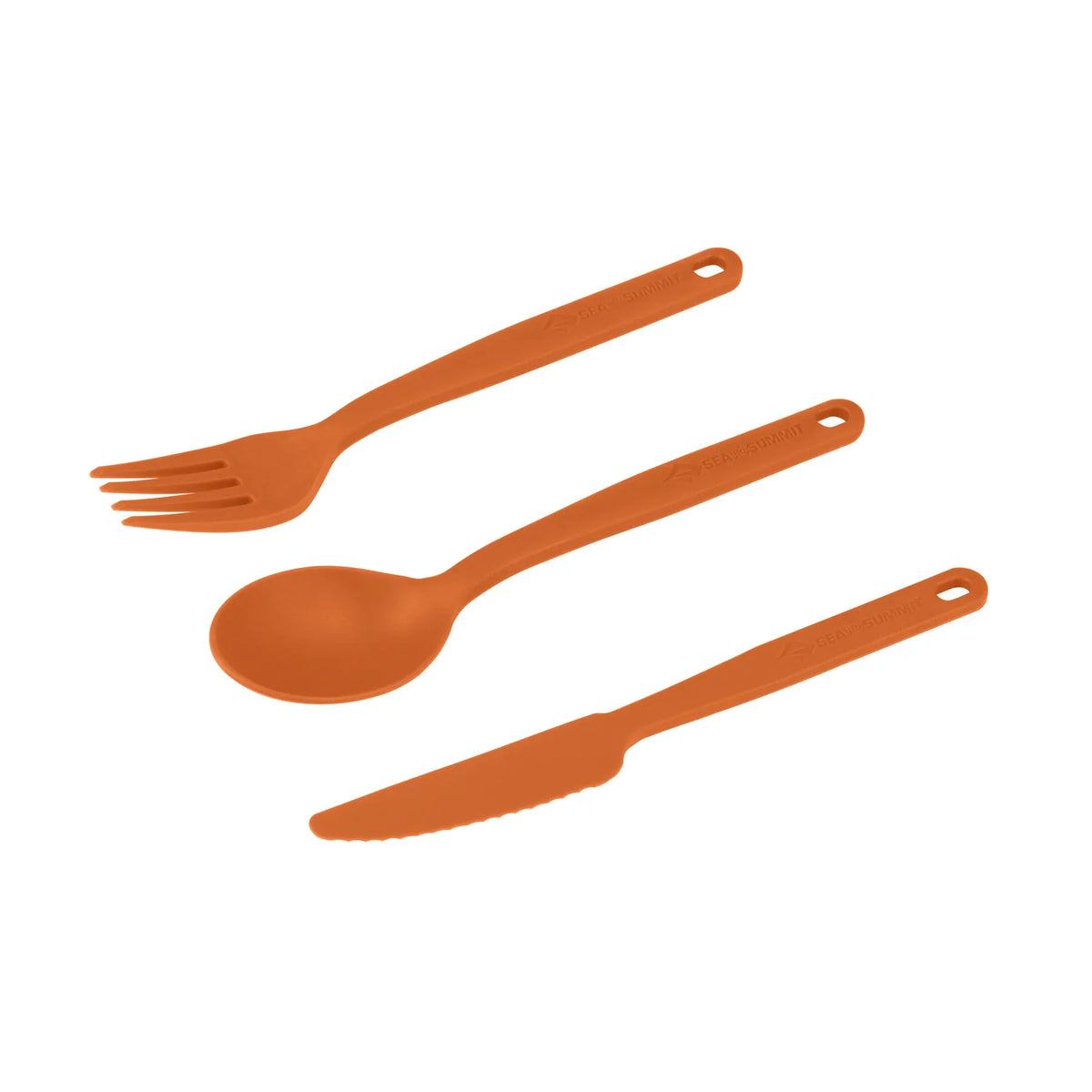 Camp Cutlery Set in Burnt Orange: fork, spoon and knife side by side