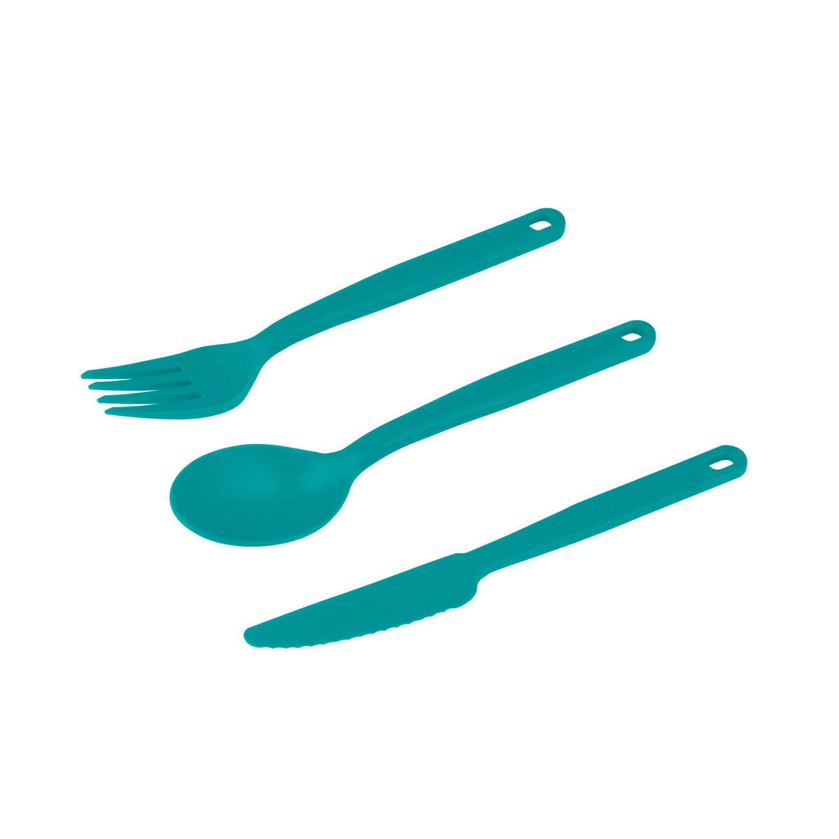 Camp Cutlery Set in Cabbage teal: fork, spoon and knife side by side
