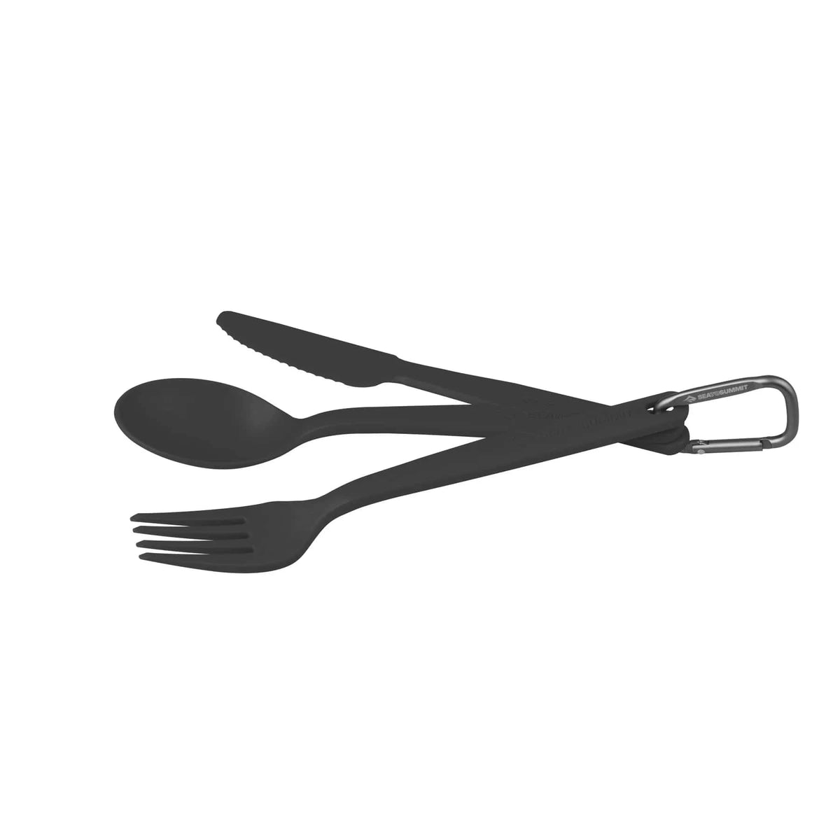 Charcoal knife, fork and spoon nested together and clipped on a mini carabiner