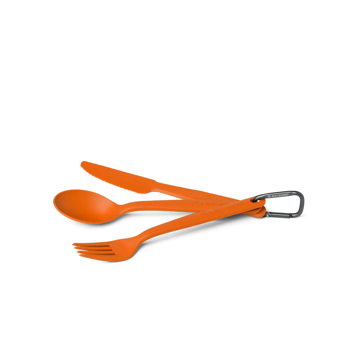 Burnt Orange knife, fork and spoon clipped together on the mini carabiner