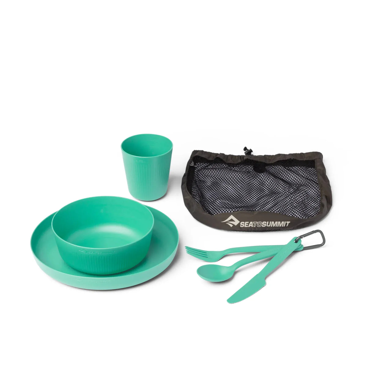 Cabbage green Camp Dinnerware Set beside its black Sea to Summit mesh storage sack