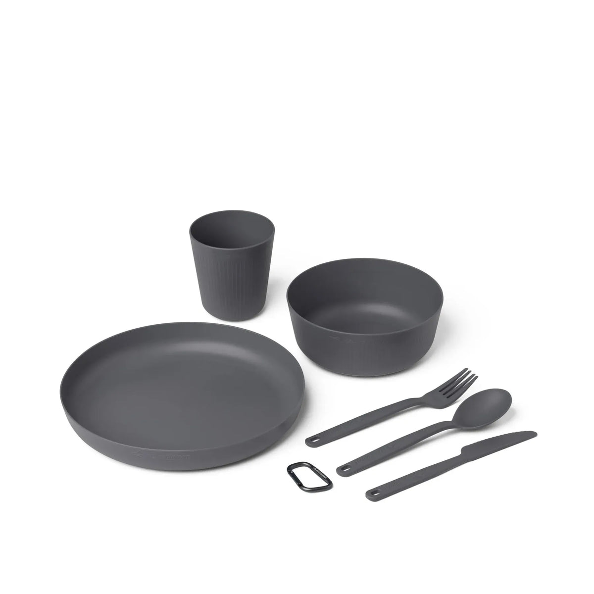 Charcoal Camp Dinnerware Set laid out piece by piece with the carabiner unclipped