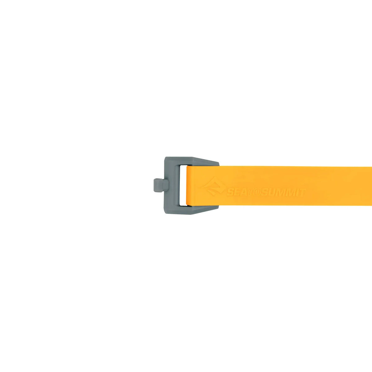 Top view of the grey buckle at the end of a yellow Stretch-Loc strap