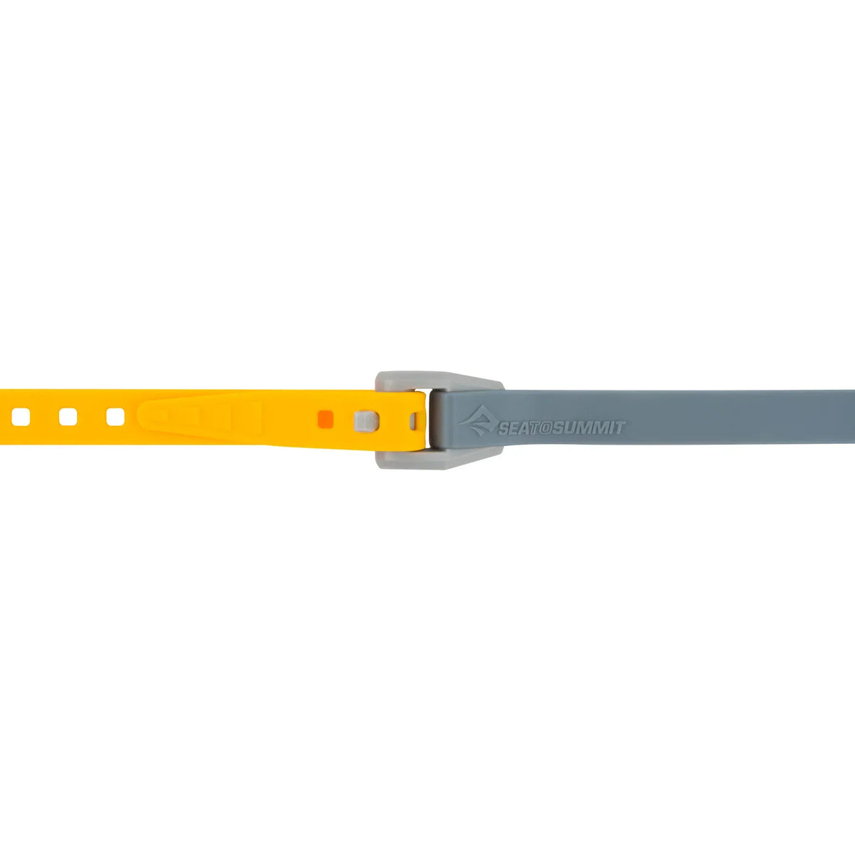 Yellow strap end feeding into the buckle of a grey strap, two Stretch-Locs joined