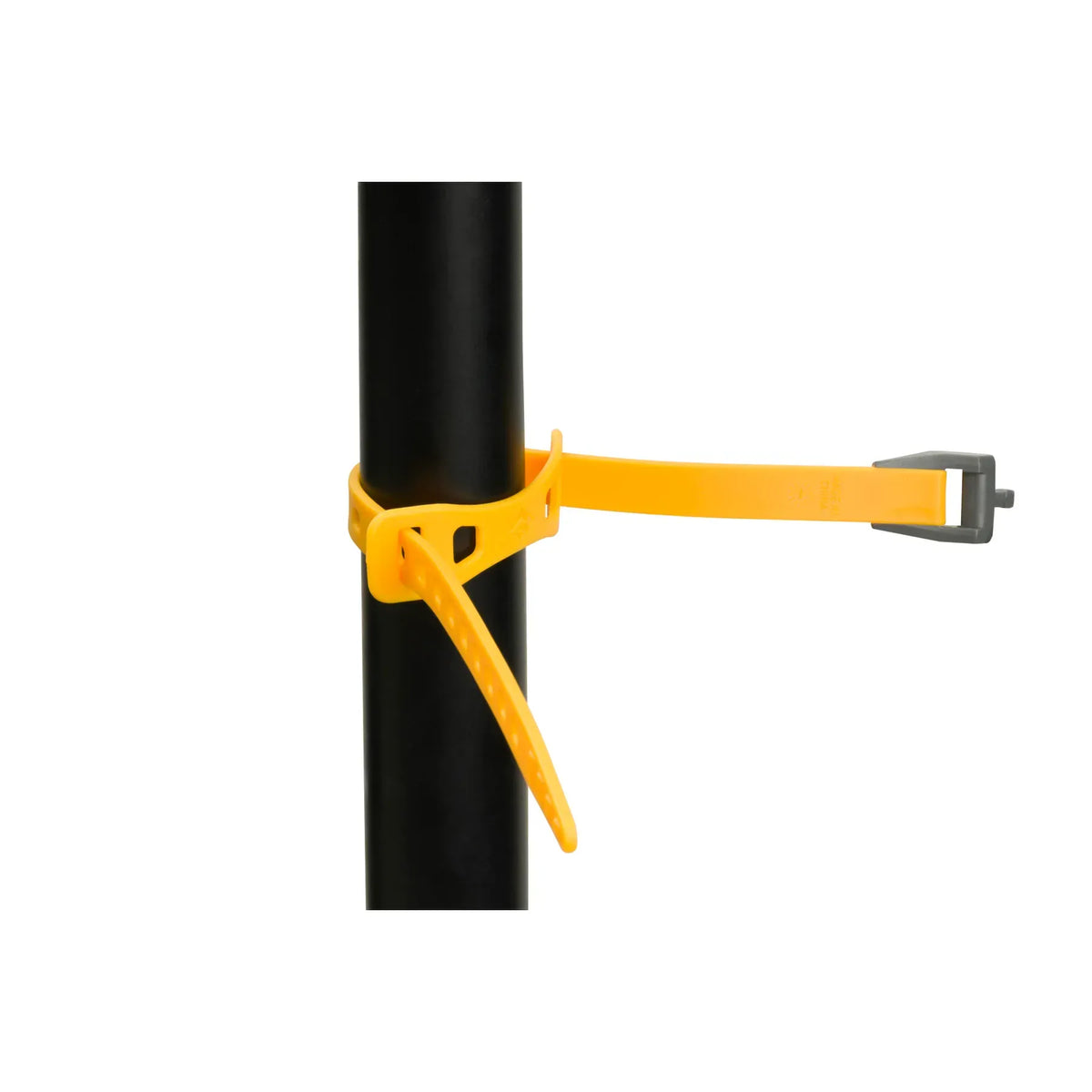 Yellow Stretch-Loc strap cinched on an upright black tube, Keeper Strap against the tube