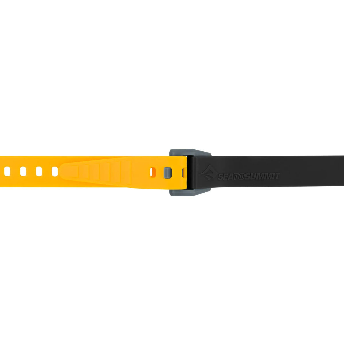 Yellow strap tail fed into the grey buckle of a black Stretch-Loc strap, joining the two