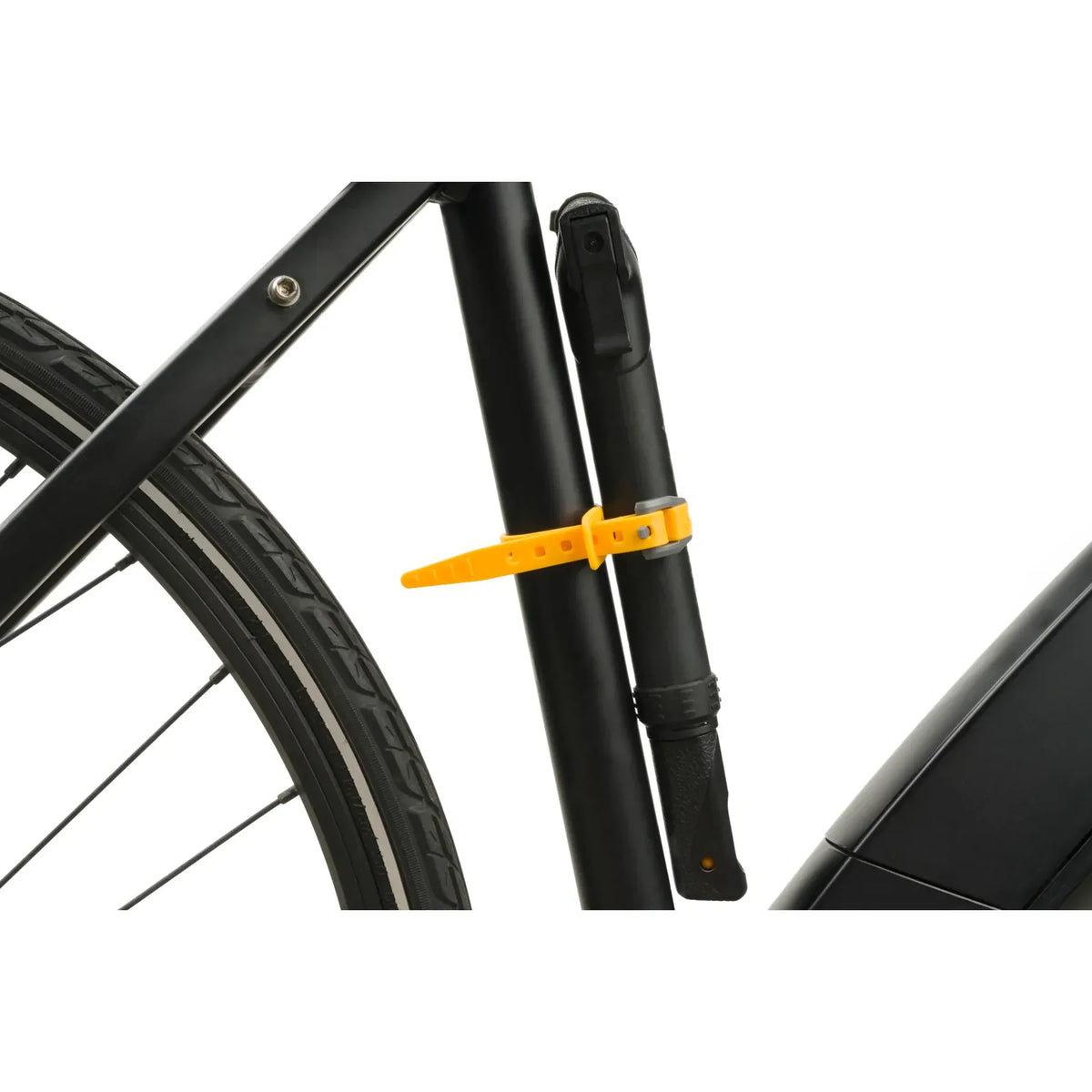 Yellow Stretch-Loc strap holding a mini pump against the seat tube of a black bike