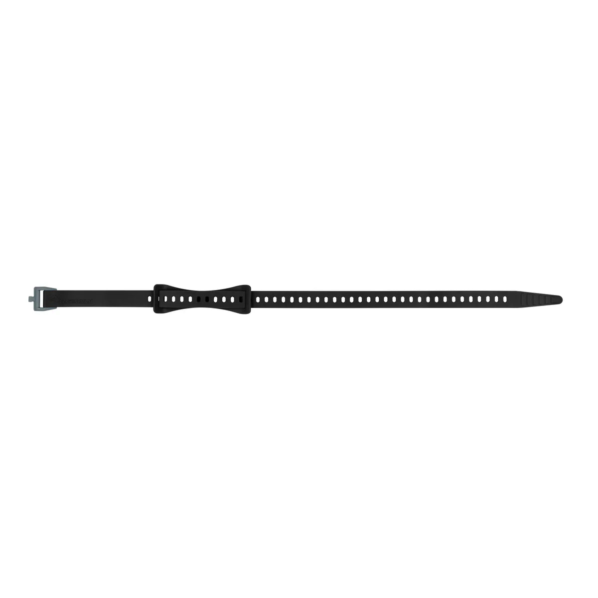 Black Stretch-Loc 20mm strap laid flat with its buckle on the left and bow-shaped Keeper Strap