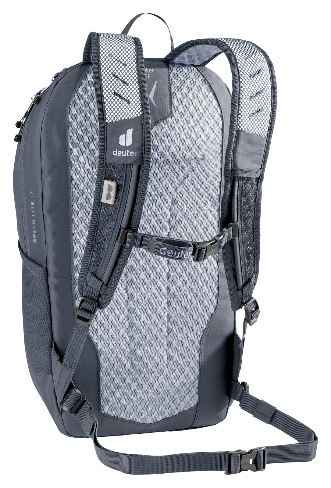 Deuter Speed Lite 17 rear three-quarter view of the shoulder straps, sternum strap and waist belt