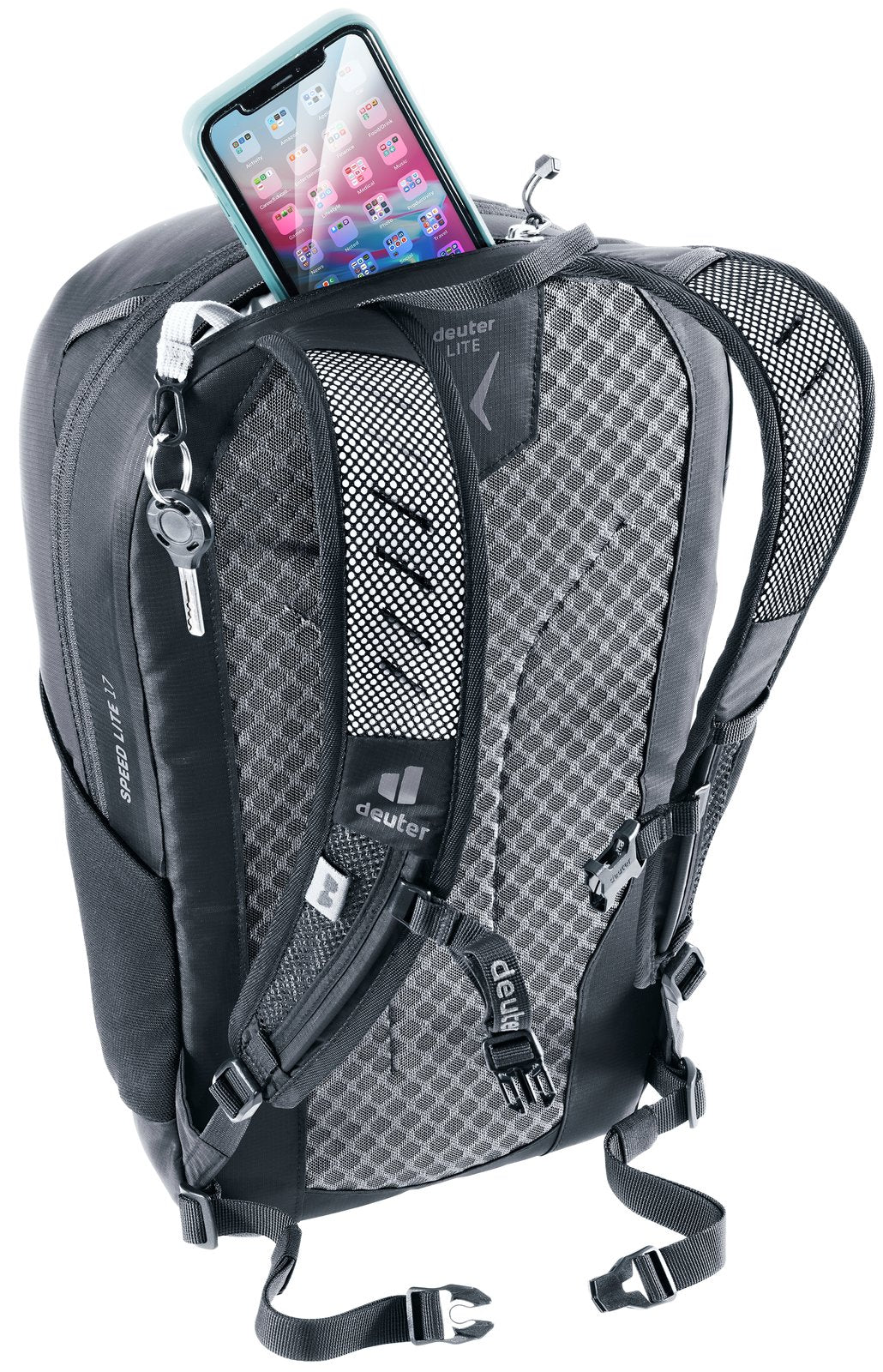 Deuter Speed Lite 17 with a phone tucked into the zipped top pocket