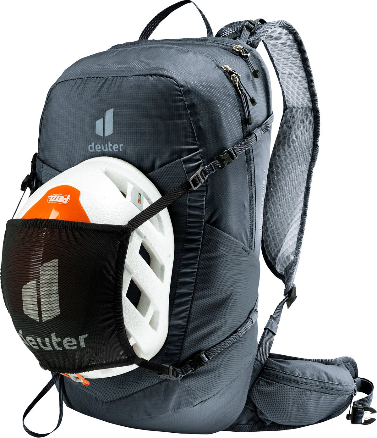 Deuter Speed Lite Pro 19 carrying a climbing helmet in a mesh helmet holder, sold separately
