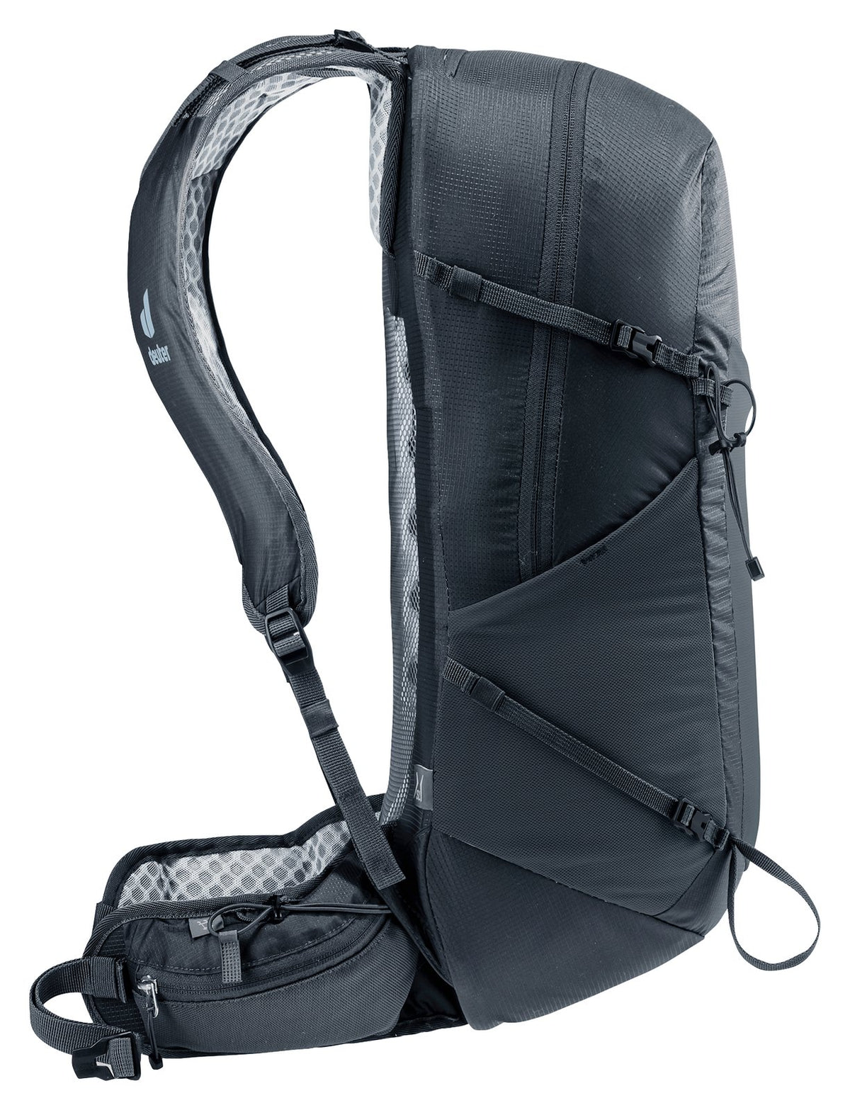 Deuter Speed Lite Pro 23 SL side profile of the vest-style shoulder strap and hip fin