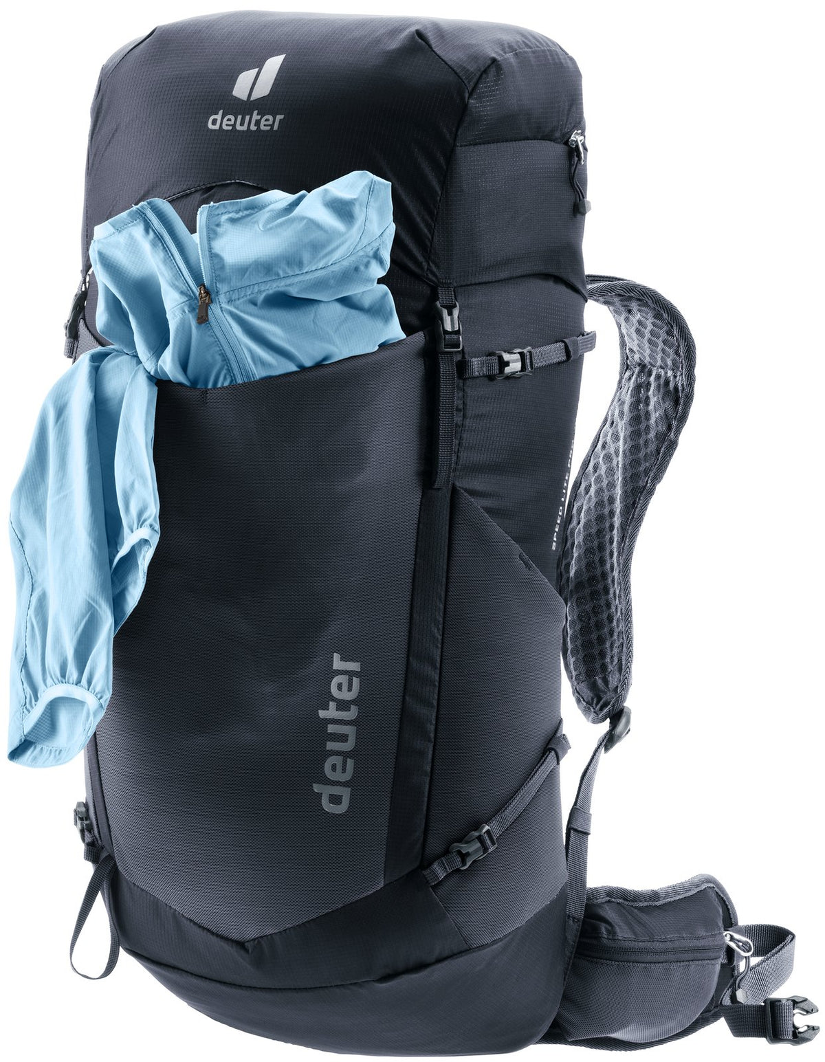 Deuter Speed Lite Pro 28 SL with a jacket stuffed in the mesh front pocket