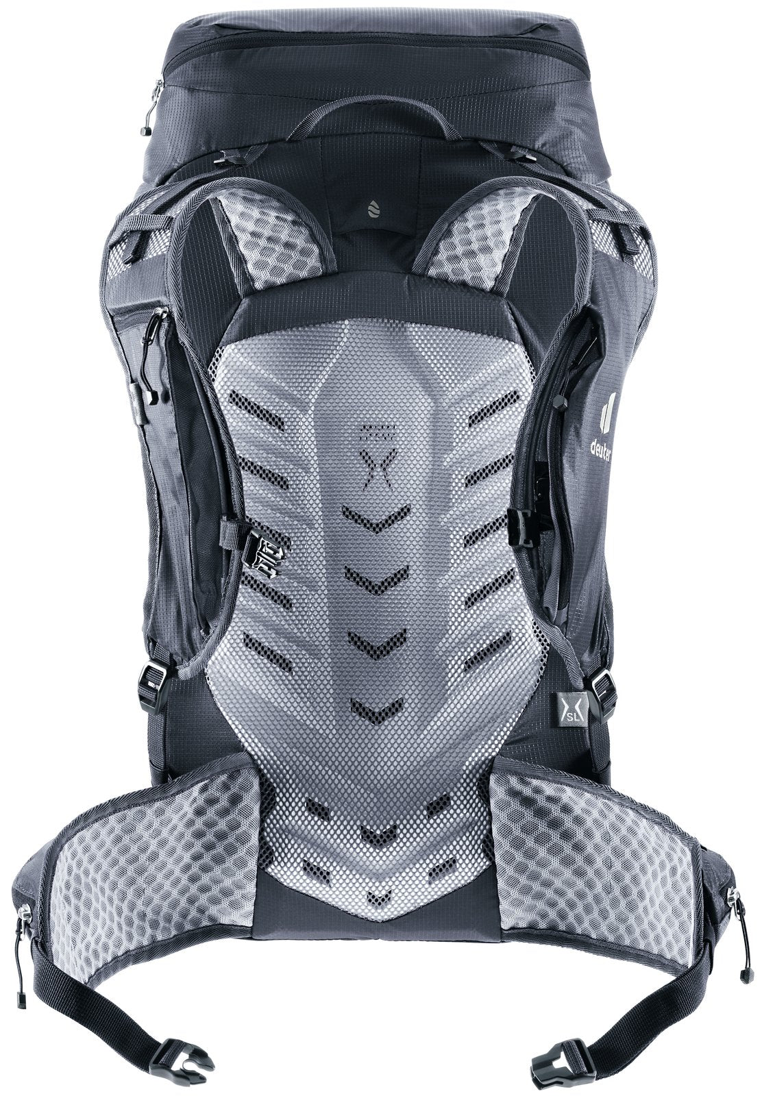 Back of the Deuter Speed Lite Pro 28 SL showing the LiteAir back panel and hip fins