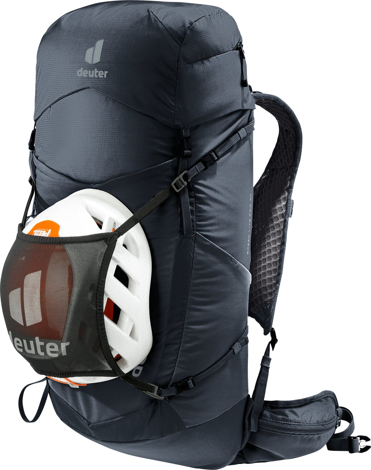 Deuter Speed Lite Pro 30 carrying a helmet in the mesh helmet holder, sold separately