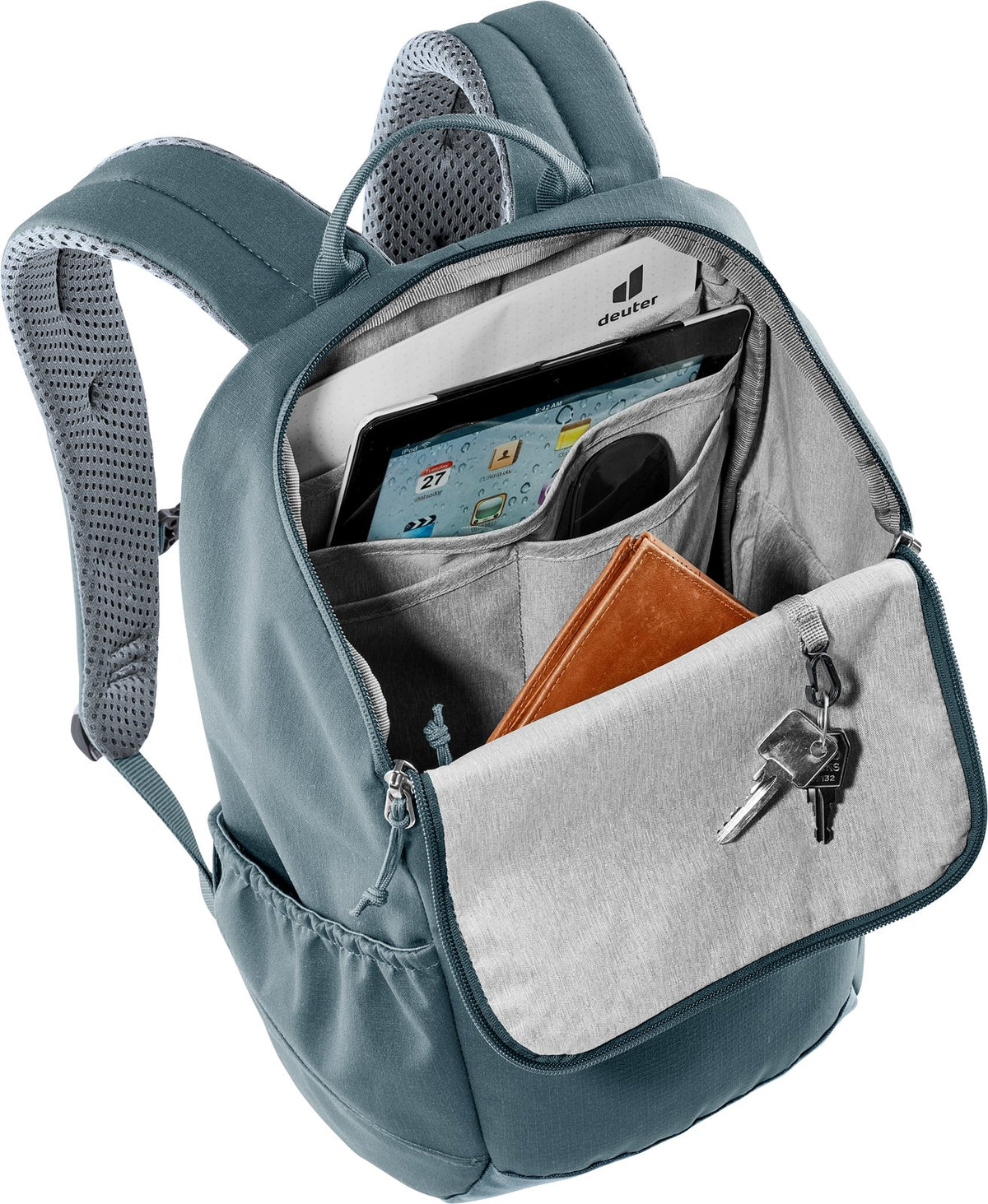 Deuter Stepout 16 U-zip top open showing a tablet, notebook and keys on the key clip