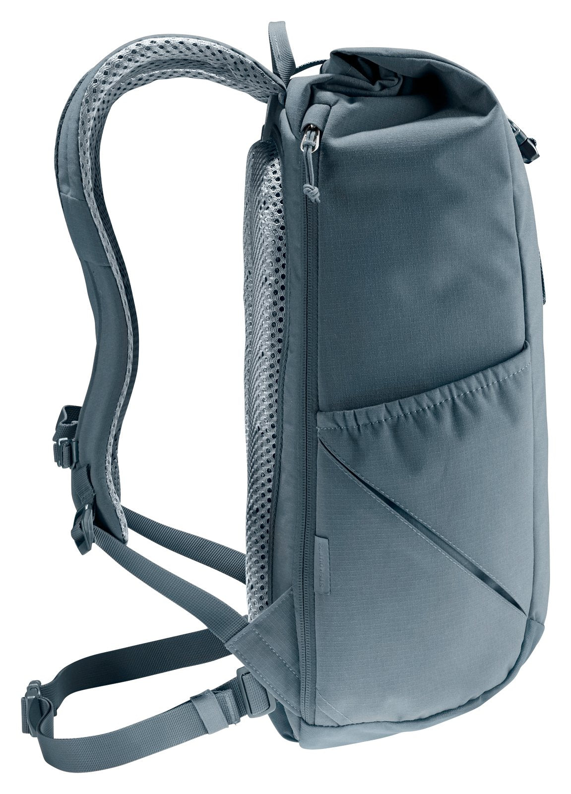 Deuter Stepout 22 side profile showing the stretch side pocket and rolled top