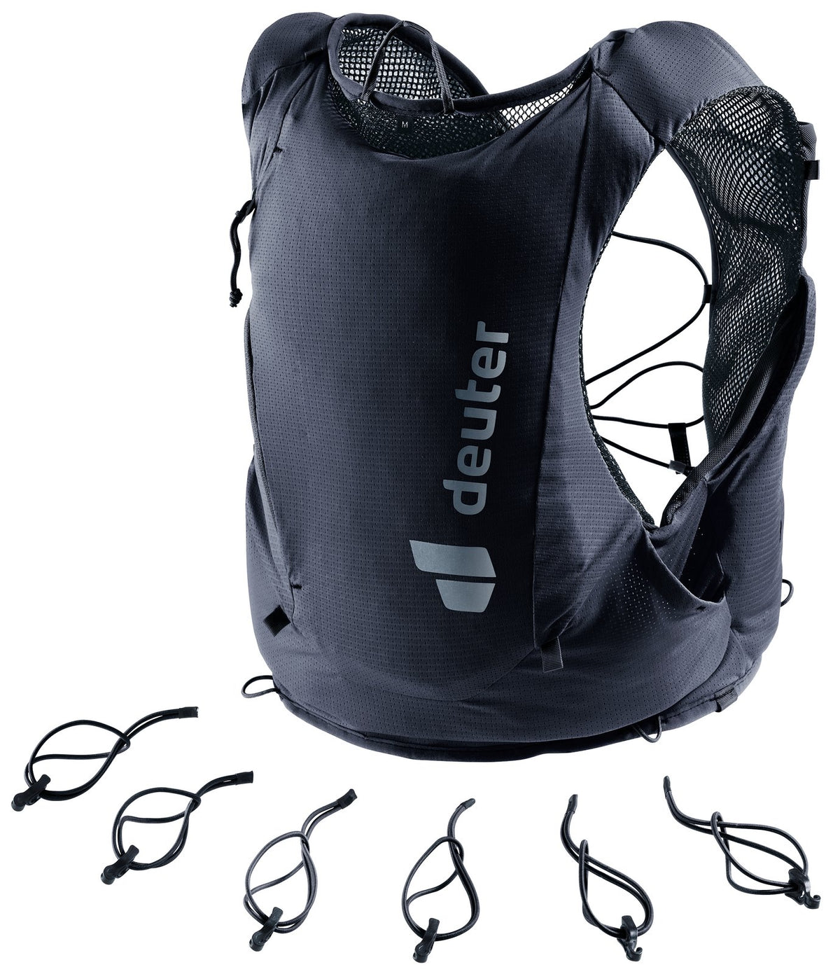 Deuter Traick 5 SL rear view with its set of modular bungee cords laid out below