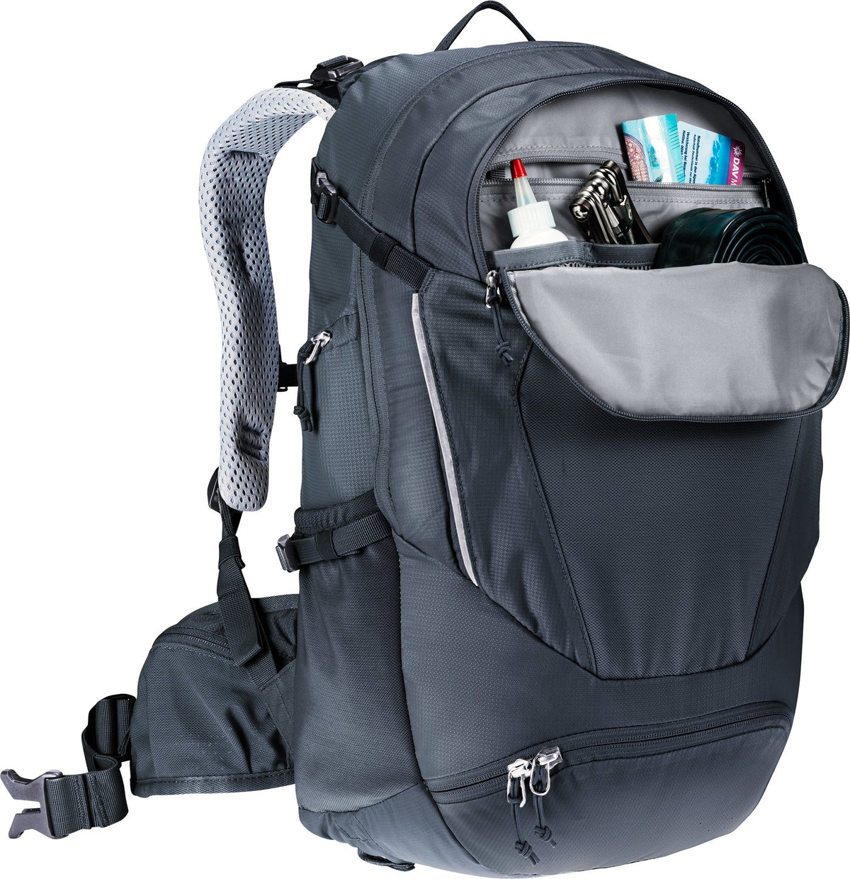 Deuter Trans Alpine 22 SL front pocket open showing the tool organiser