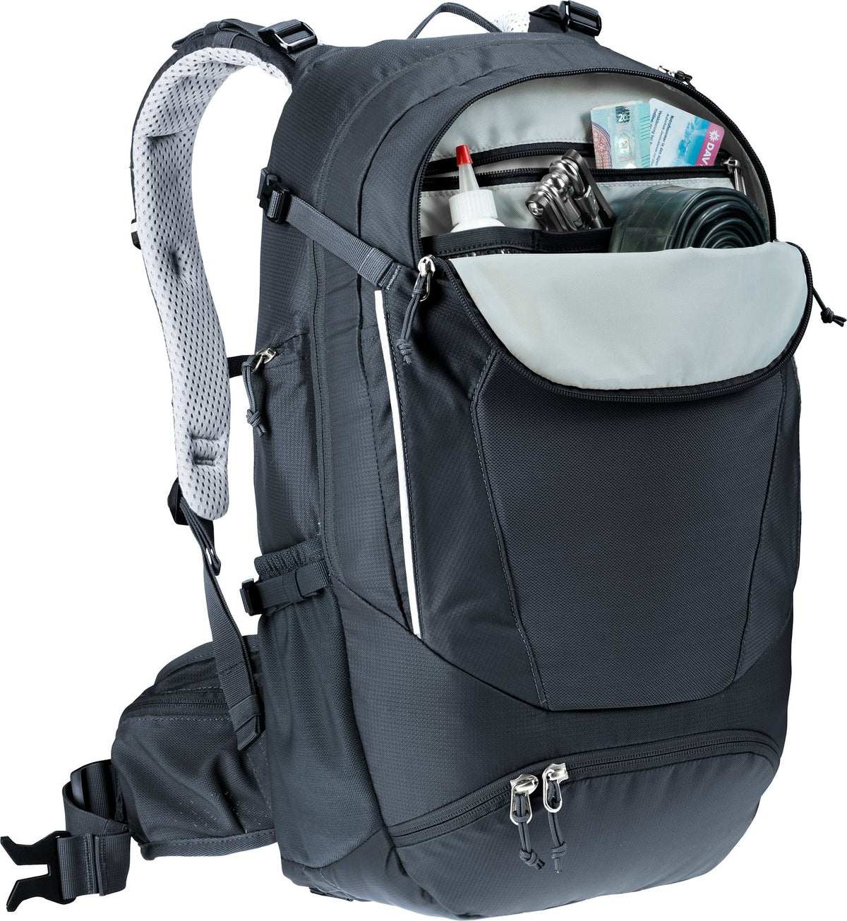 Deuter Trans Alpine 24 front pocket open showing the tool organiser