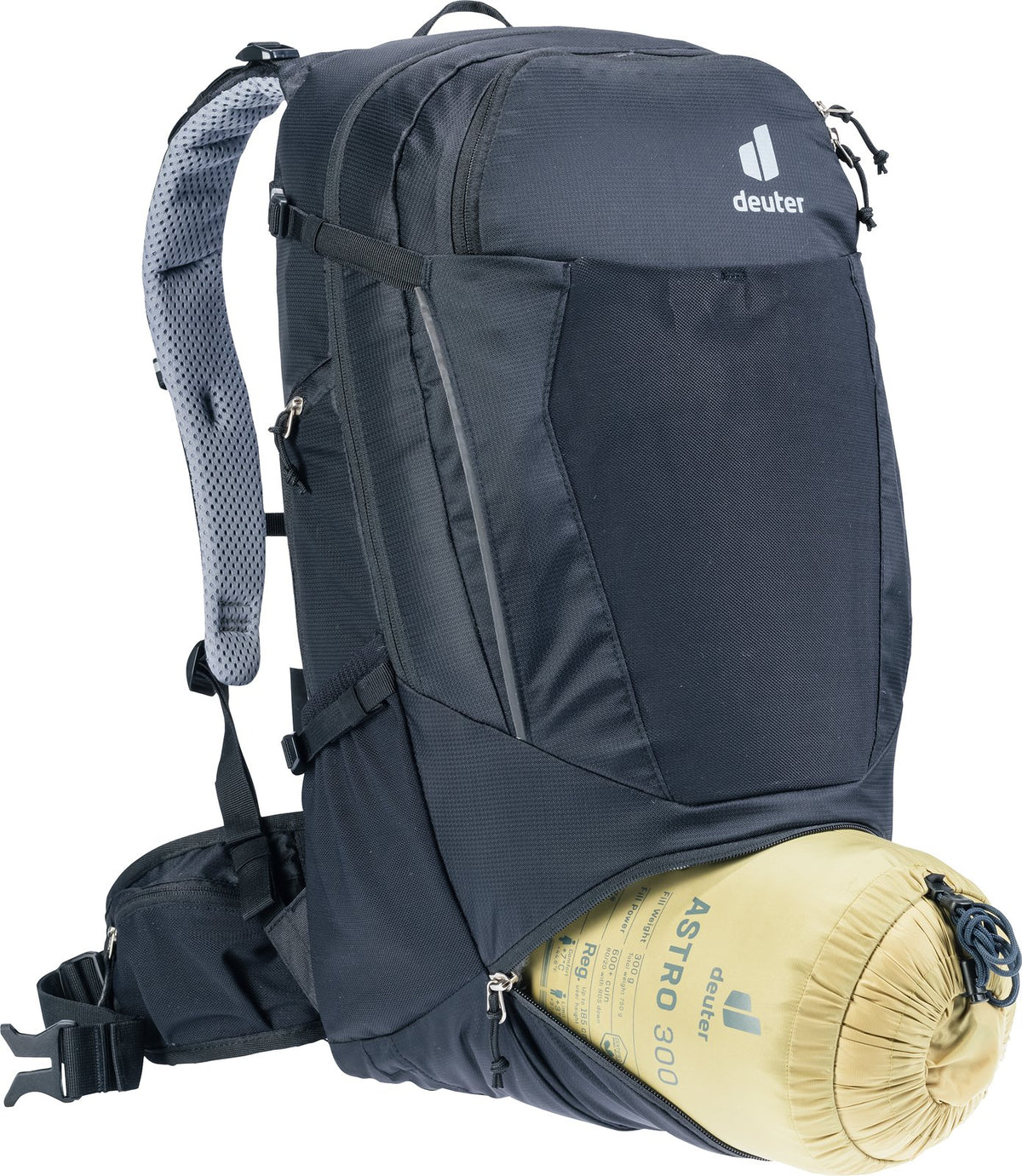 Deuter Trans Alpine 32 EL lower zip open with a stuffed sleeping bag below the divider
