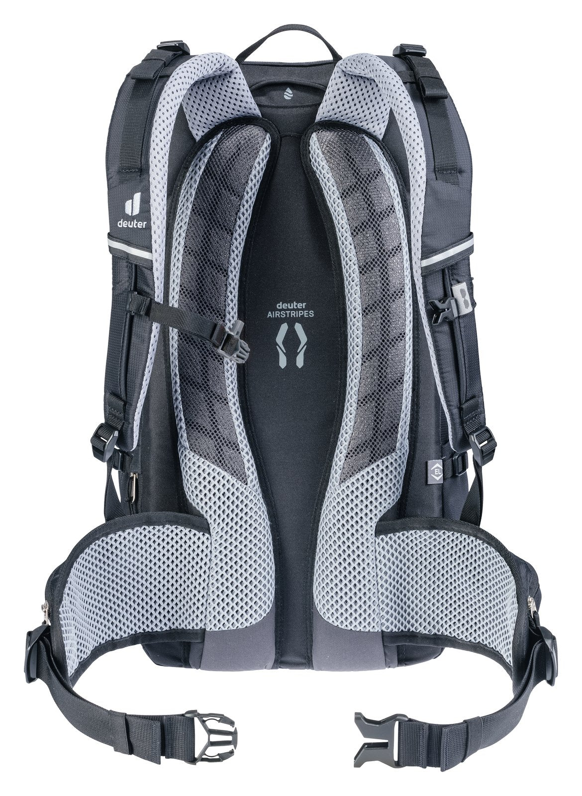 Back of the Deuter Trans Alpine 32 EL showing the Airstripes padding and mesh hip fins