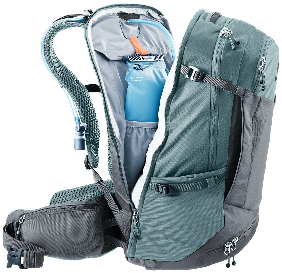 Deuter Trans Alpine Pro 28 opened at the back, showing a hydration bladder in its compartment