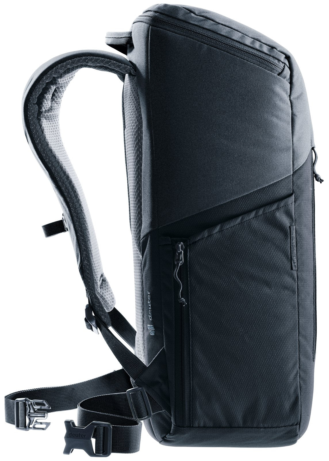 Deuter UP Stockholm in Black, side profile showing the slim, boxy shape