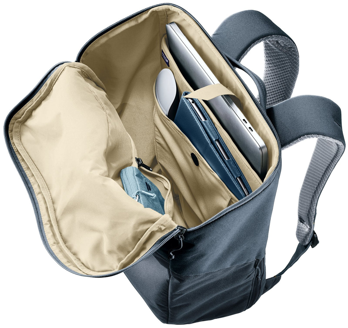 Deuter UP Stockholm top opening unzipped showing a laptop in the padded sleeve