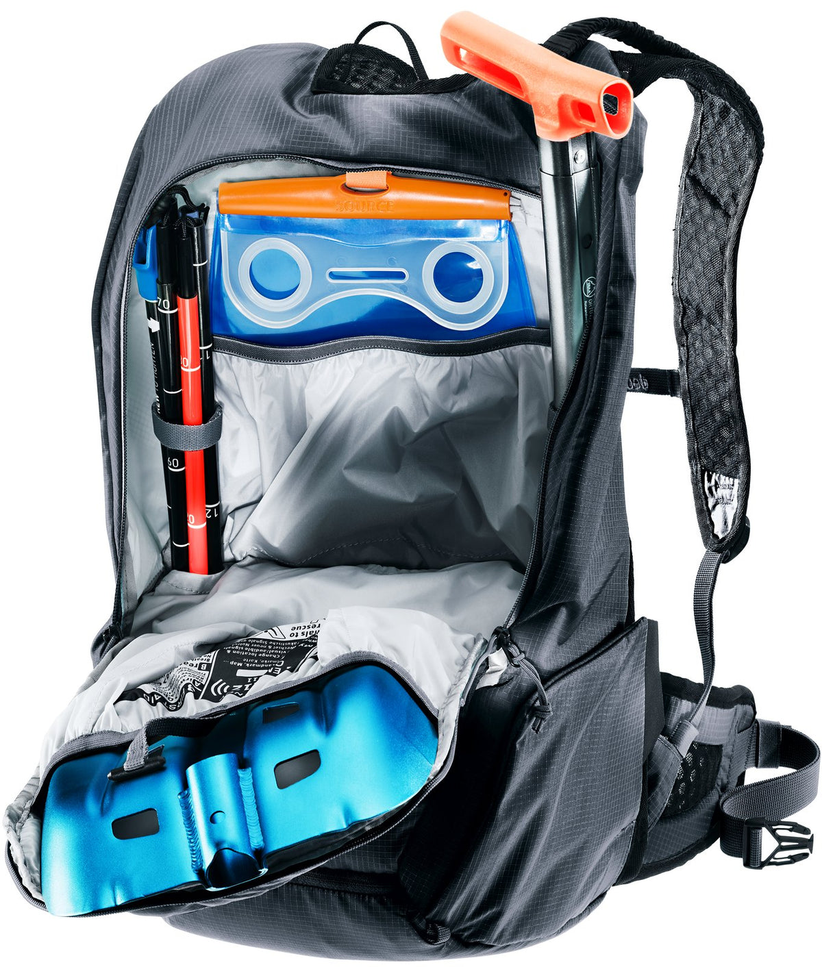 Deuter Updays 20 safety compartment open with a shovel, probe and a hydration bladder in its sleeve